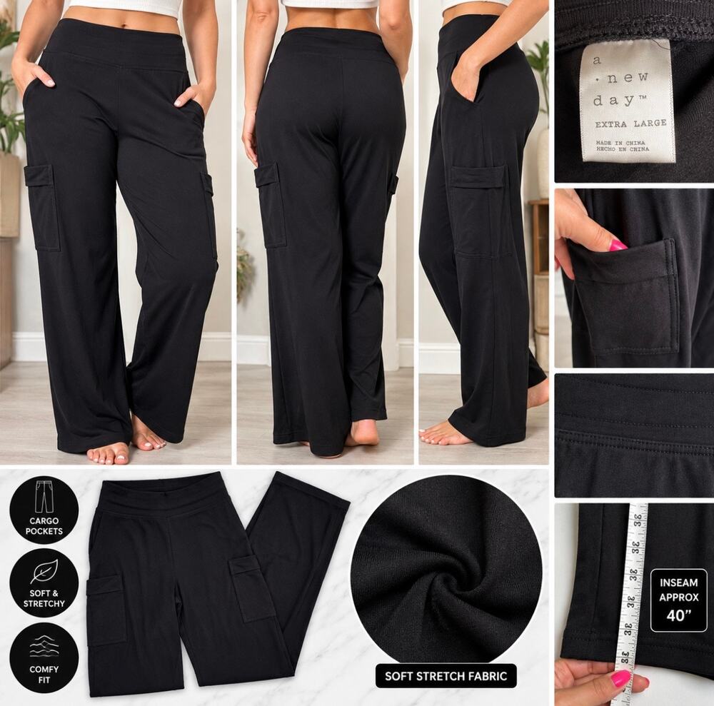 A New Day Womens XL Black Pull On Cargo Pants Stretch Side Pockets Casual NWOT